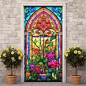 billige Dørdeksler-farget glass mandala dørdeksler veggmaleri dekor dør billedvev dør gardin dekorasjon bakteppe dør banner avtakbar for inngangsdør innendørs utendørs hjemme rom dekorasjon gårdshus dekor forsyninger