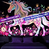 tanie Blacklight gobelin-gobelin z czarnym światłem UV reaktywny świecący w ciemności świecący neonowy jednorożec zwierzęcy psychodeliczny trippy mglisty wiszący gobelin ścienny sztuka mural do salonu sypialni