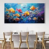 abordables Peintures à l&#039;huile-Peinture à l&#039;huile de poissons nageurs peints à la main sur toile, peinture animale extra large, art mural fait à la main, art abstrait de poisson, peinture personnalisée, décoration minimaliste pour