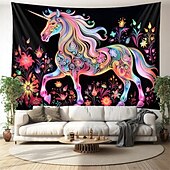 tanie Blacklight gobelin-gobelin z czarnym światłem UV reaktywny świecący w ciemności świecący neonowy jednorożec zwierzęcy psychodeliczny trippy mglisty wiszący gobelin ścienny sztuka mural do salonu sypialni