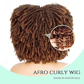 baratos Perucas de festa-Perucas Afro Cacheadas para Mulheres Negras Peruca Curta Cacheada Sintética sem Cola Ombre Marrom 12 polegadas Perucas de Halloween