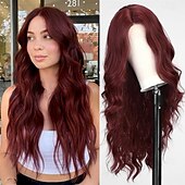 economico Parrucche trendy sintetiche-parrucca lunga ondulata bordeaux per le donne parrucca riccia rossa da 26 pollici parte centrale parrucca in fibra sintetica resistente al calore dall&#039;aspetto naturale per l&#039;uso quotidiano nelle feste