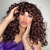 abordables Perruques de fête-perruque bouclée grande perruque bouclée pour femmes blanches et noires perruque afro bouclée longue de 20 pouces avec frange perruques de remplacement de cheveux synthétiques pour cosplay et