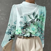 abordables Hauts Floraux-Blouse Femme Longue Manches Mode Imprimé Floral Tops Régulier Col Rond Travail Blanc Rose Bleu Vert Printemps  Automne