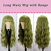 cheap Costume Wigs-Green Wig with Bangs Soft Long Wavy Wigs for Women Curly Synthetic Fiber Wig Replacement Halloween Costumes Cosplay Party Wigs St.Patrick&#039;s Day Wigs