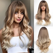 abordables Perruques Synthétiques Sans Bonnet-Perruques blondes sales ombrées avec frange blonde longue perruque ondulée pour femmes perruque de cheveux synthétiques bouclés longs pour usage quotidien de fête 24 pouces