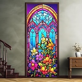 billige Dørdeksler-farget glass mandala dørdeksler veggmaleri dekor dør billedvev dør gardin dekorasjon bakteppe dør banner avtakbar for inngangsdør innendørs utendørs hjemme rom dekorasjon gårdshus dekor forsyninger