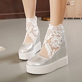 economico Casuale-scarpe da donna con zeppa e plateau bianche con ricami floreali in pizzo – eleganti calzature da sposa o da festa casual