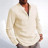 preiswerte Business Casual-Herren Hemd Leinenhemd Hemd mit chinesischem Kragen Hemd mit Stehkragen Sommerhemd Strandhemd Einfach Urlaub Hawaiianisch Beige Langarm Stehkragen Frühling &amp; Herbst Bekleidung Button-Down