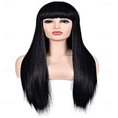 voordelige Feestpruiken-Dames 26 lange rechte groene synthetische bestendige haarpruiken met pony Natuurlijk ogende pruik voor dames Halloween cosplay St. Patrick&#039;s Day pruiken