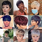 cheap Human Hair Capless Wigs-Short Bob Wigs for Black Women Human Hair Wig Ombre Pixie Cut Wig with Bangs Layered  Wig Full None Lace Machine Made Wig