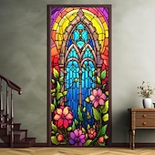 billige Dørdeksler-farget glass mandala dørdeksler veggmaleri dekor dør billedvev dør gardin dekorasjon bakteppe dør banner avtakbar for inngangsdør innendørs utendørs hjemme rom dekorasjon gårdshus dekor forsyninger