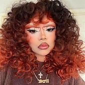 abordables Perruques de fête-perruque bouclée grande perruque bouclée pour femmes blanches et noires perruque afro bouclée longue de 20 pouces avec frange perruques de remplacement de cheveux synthétiques pour cosplay et