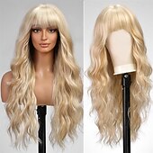 abordables Perruques Synthétiques Sans Bonnet-Perruques blondes sales ombrées avec frange blonde longue perruque ondulée pour femmes perruque de cheveux synthétiques bouclés longs pour usage quotidien de fête 24 pouces