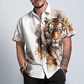 preiswerte Tiermuster Druck-Herren Tiger Tuschemalerei Knopfhemd Kurzarm Modisch Hawaiianisch Outdoor Strand Sommer Ganzjährig Knopf hoch 3D-Druck Gelb Rote
