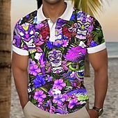 preiswerte Hawaii-Poloshirt für Herren-Kentucky Derby Herren Tiki Golfshirt Kurzarm Polo-Shirts Hemden mit Kragen Lässig Strandbekleidung Urlaubskleidung Tropenkleidung Party-Outfits Knöpfe 3D-Druck Sommer Gelb Rosa Purpur