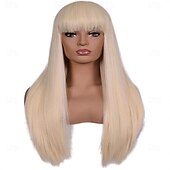 voordelige Feestpruiken-Dames 26 lange rechte groene synthetische bestendige haarpruiken met pony Natuurlijk ogende pruik voor dames Halloween cosplay St. Patrick&#039;s Day pruiken