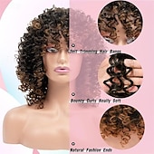 economico Parrucche da festa-Parrucche Corte Ricce per Donne Nere - Ombre Marrone Colorato Afro Parrucche Sintetiche Ricce con Frangia Parrucche di Halloween