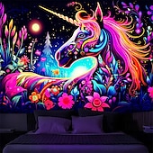 tanie Blacklight gobelin-gobelin z czarnym światłem UV reaktywny świecący w ciemności świecący neonowy jednorożec zwierzęcy psychodeliczny trippy mglisty wiszący gobelin ścienny sztuka mural do salonu sypialni
