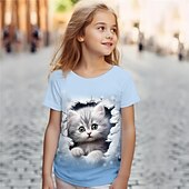 cheap Girl&#039;s 3D Animals-Girls&#039; 3D Cat Tee Shirts Short Sleeve 3D Print Summer Active Fashion Cute Polyester Kids 3-12 Years Crew Neck Outdoor Casual Daily Regular Fit