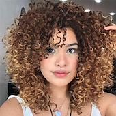 economico Parrucche da festa-Parrucche ricce per donne nere 14 pollici parrucche afro ricce morbide con frangia parrucche ricce miste in tinta biondo marrone parrucche ricce complete per uso quotidiano parrucche di Halloween