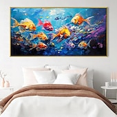 abordables Peintures à l&#039;huile-Peinture à l&#039;huile de poissons nageurs peints à la main sur toile, peinture animale extra large, art mural fait à la main, art abstrait de poisson, peinture personnalisée, décoration minimaliste pour