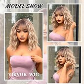 billige Syntetiske trendy parykker-kort ombre blond parykk med smell skulderlengde krøllete bob parykk for kvinner naturlig utseende syntetisk krøllet blond bob parykk for fest og daglig bruk