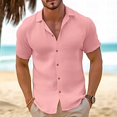 preiswerte Urlaub-Herren Hemd Sommerhemd Strandbekleidung Knopfhemd Schwarz Weiß Rosa Blau Khaki Kurzarm Glatt Kargen Casual Täglich Bekleidung Baumwolle und Leinen Modisch Komfortabel