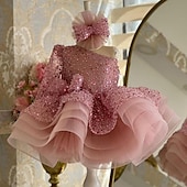 abordables Robes de fête-Enfants Fille Robe de fête Couleur unie Manches 3/4 Utilisation Mariage Maille Princesse Doux Maille Mi-mollet Robe Fourreau Robe en Tulle Robe de demoiselle d&#039;honneur Eté Printemps Automne 2-12 ans