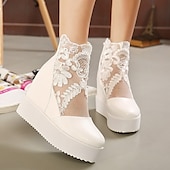 economico Casuale-scarpe da donna con zeppa e plateau bianche con ricami floreali in pizzo – eleganti calzature da sposa o da festa casual