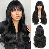 abordables Perruques Synthétiques Sans Bonnet-Perruque ondulée longue marron moyen avec frange pour femme 26 pouces d&#039;aspect naturel en fibre synthétique résistante à la chaleur de remplacement de cheveux d&#039;aspect naturel perruque longue ondulée