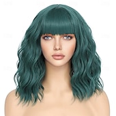 cheap Synthetic Trendy Wigs-Bob Wig With Bangs Short Wavy Blue Wig Women Synthetic Colored Bachelorette Wigs Shoulder Length Party Halloween Christmas Fun Cosplay Wigs