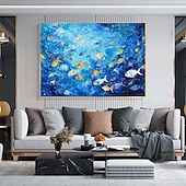 cheap Animal Paintings-Hand painted Abstract Swimming Fishes Oil Painting on Canvas Extra Large Handmade Wall Art  Blue Ocean Art painting Custom Painting Minimalist artwork for Living Room Decor