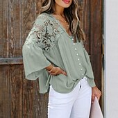 cheap Basic Women&#039;s Tops-Shirt Boho Shirt Lace Shirt Blouse Women&#039;s Black White Pink Solid Color Lace Button Street Daily Fashion V Neck S