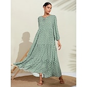 abordables robe décontractée imprimée-Femme Robe Trapèze Ourlet Maxi Robe Maxi Vert manche longue Géométrique Géométrique Printemps Col V Robe Motif Style de mode simple Vacances S M L