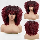 baratos Perucas de Carnaval-perucas vermelhas cacheadas para mulheres negras peruca vermelha crespa cacheada com franja peruca afro sintética cacheada de 14 polegadas para uso diário perucas de carnaval