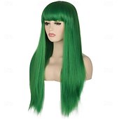 voordelige Feestpruiken-Dames 26 lange rechte groene synthetische bestendige haarpruiken met pony Natuurlijk ogende pruik voor dames Halloween cosplay St. Patrick&#039;s Day pruiken