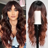 abordables Perruques Synthétiques Sans Bonnet-Perruques blondes sales ombrées avec frange blonde longue perruque ondulée pour femmes perruque de cheveux synthétiques bouclés longs pour usage quotidien de fête 24 pouces