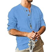 voordelige Straat-Voor heren Overhemd linnen overhemd Overhemd met bandkraag Zomer overhemd Strand Kleding Effen Casual Dagelijks Wit blauw Khaki Lange mouw Kraag Lente zomer Kleding