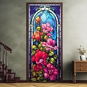 billige Dørdeksler-farget glass mandala dørdeksler veggmaleri dekor dør billedvev dør gardin dekorasjon bakteppe dør banner avtakbar for inngangsdør innendørs utendørs hjemme rom dekorasjon gårdshus dekor forsyninger