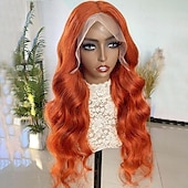 baratos Perucas de seda frontais de cabelo natural-Peruca de cabelo humano com renda frontal 13x4, cor ruiva, onda corporal, renda 12-28 polegadas, densidade 150%