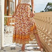 abordables Jupes-Femme Jupe Trapèze Balançoire Bohême Mode Décontractées Bohème Maxi Taille haute Jupes Floral Cordon Imprimer Pointes fourchues Vacances du quotidien Jaune Rouge Vert Eté Rayonne