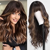 abordables Perruques Synthétiques Sans Bonnet-Perruques blondes sales ombrées avec frange blonde longue perruque ondulée pour femmes perruque de cheveux synthétiques bouclés longs pour usage quotidien de fête 24 pouces