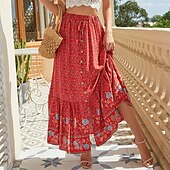 abordables Jupes-Femme Jupe Trapèze Balançoire Bohême Mode Décontractées Bohème Maxi Taille haute Jupes Floral Cordon Imprimer Pointes fourchues Vacances du quotidien Jaune Rouge Vert Eté Rayonne