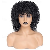 economico Parrucche da festa-Parrucche Afro Nere Ricce per Donne Nere Parrucche Corte per Donne Nere Parrucche di Capelli Naturali con Frangia Parrucche Ricce Kinky Afro Twist Parrucche di Halloween