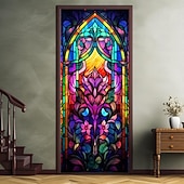 billige Dørdeksler-farget glass mandala dørdeksler veggmaleri dekor dør billedvev dør gardin dekorasjon bakteppe dør banner avtakbar for inngangsdør innendørs utendørs hjemme rom dekorasjon gårdshus dekor forsyninger