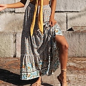 tanie Spódnice graficzne-spódnica damska linia swing bohemia maxi spódnice z wysokim stanem kwiatowy wzór kwiatowy wakacje wakacje lato casual boho morela czerwony