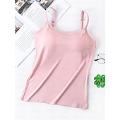 abordables Tops y pantalones de dormir para mujer-Pijama de mujer de color puro, sencillo, cómodo, de uso diario, de rayón, transpirable, con tirantes, sin mangas, con tirantes, sin espalda, con almohadillas para el pecho, para verano y primavera,