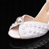 billige Formell-bryllupssko til bruden brudepike kvinner peep toe hvit beige pu sandaler med imitert perleblokk hæl chunky hæl ankelstropp bryllupsfest kveld daglig elegant klassisk
