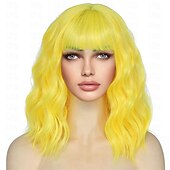cheap Synthetic Trendy Wigs-Bob Wig With Bangs Short Wavy Blue Wig Women Synthetic Colored Bachelorette Wigs Shoulder Length Party Halloween Christmas Fun Cosplay Wigs